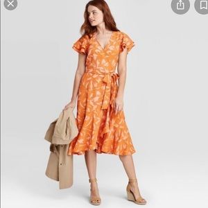 Floral Print Ruffle Sleeve Wrap Dress Orange XL
